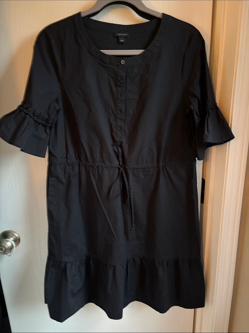 Ann Taylor Black Midi Dress with Ruffle Sleeves